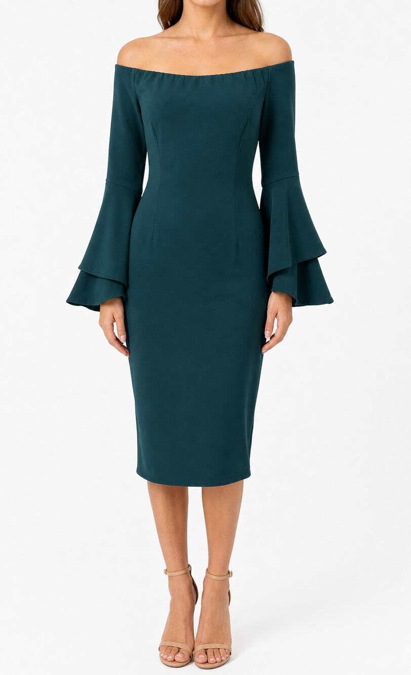 Bardot Solange Teal Off Shoulder Bell Sleeve Dress US 8 M Cocktail Party Bodycon